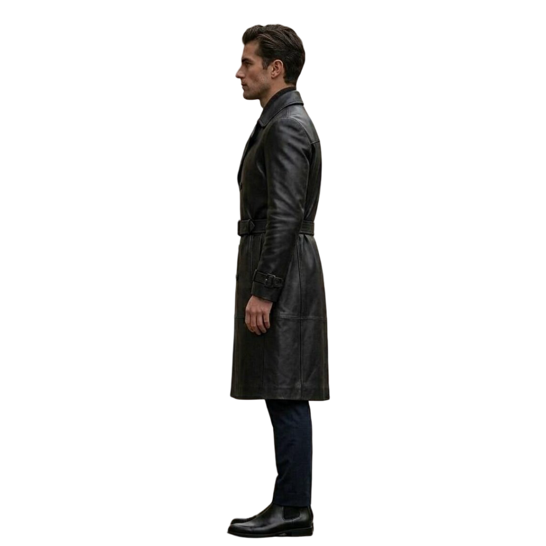 Side profile of tailored men black leather trench coat