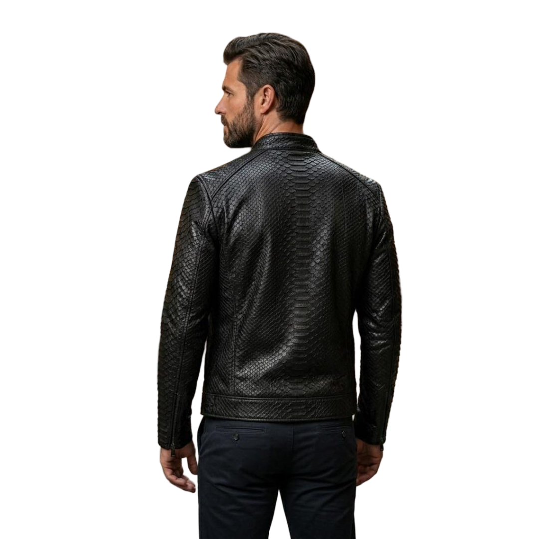 Back view of men black textured motorcycle leather jacket