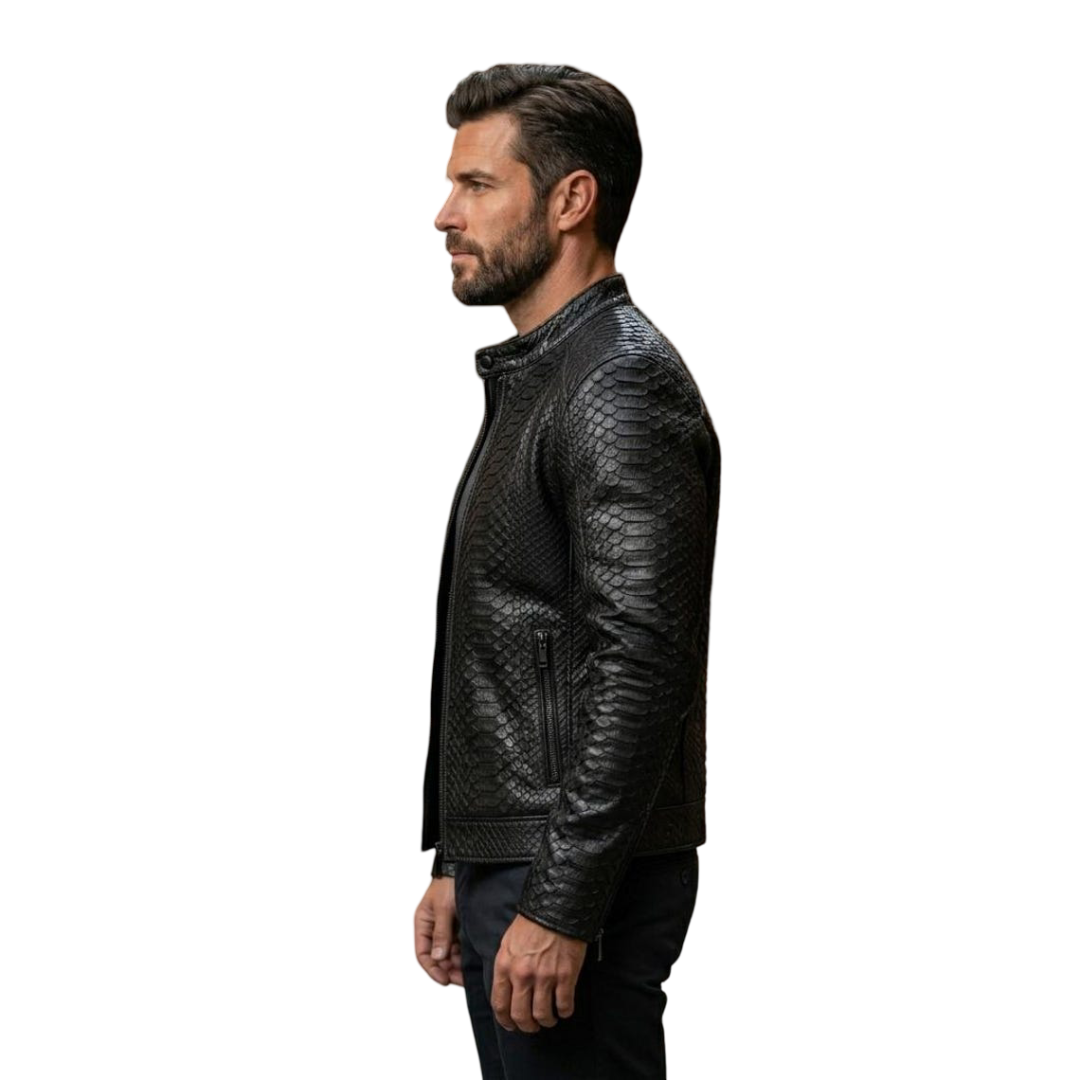 Side profile of black leather biker jacket for men showing textured finish