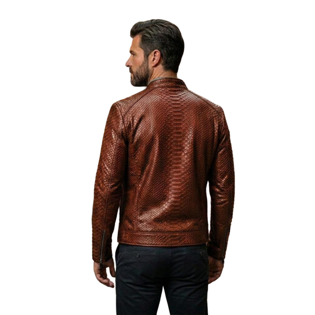 Back view of men brown textured motorcycle leather jacket