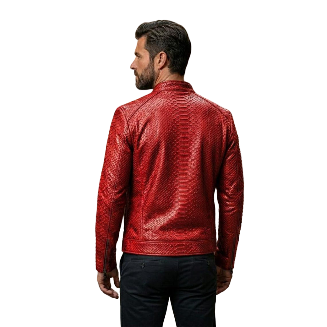Back view of men red textured motorcycle leather jacket