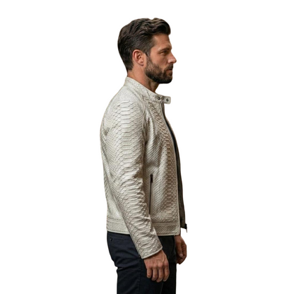  Side profile of white leather biker jacket for men showing textured finish