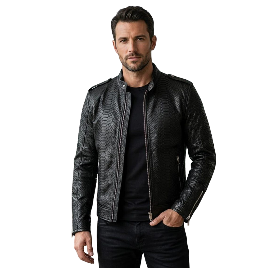 Front view of men black exotic textured leather biker jacket with structured fit