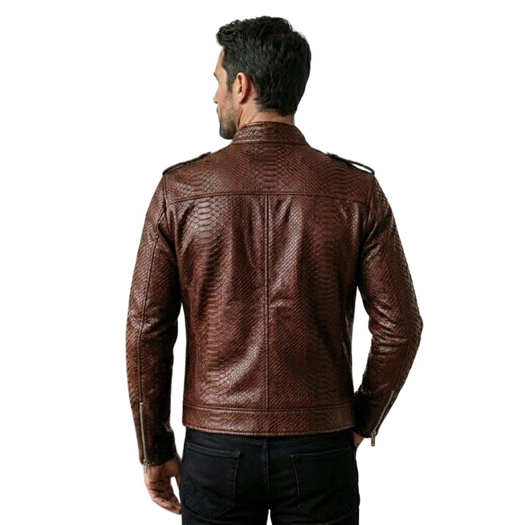 Back view of men exotic brown leather moto coat