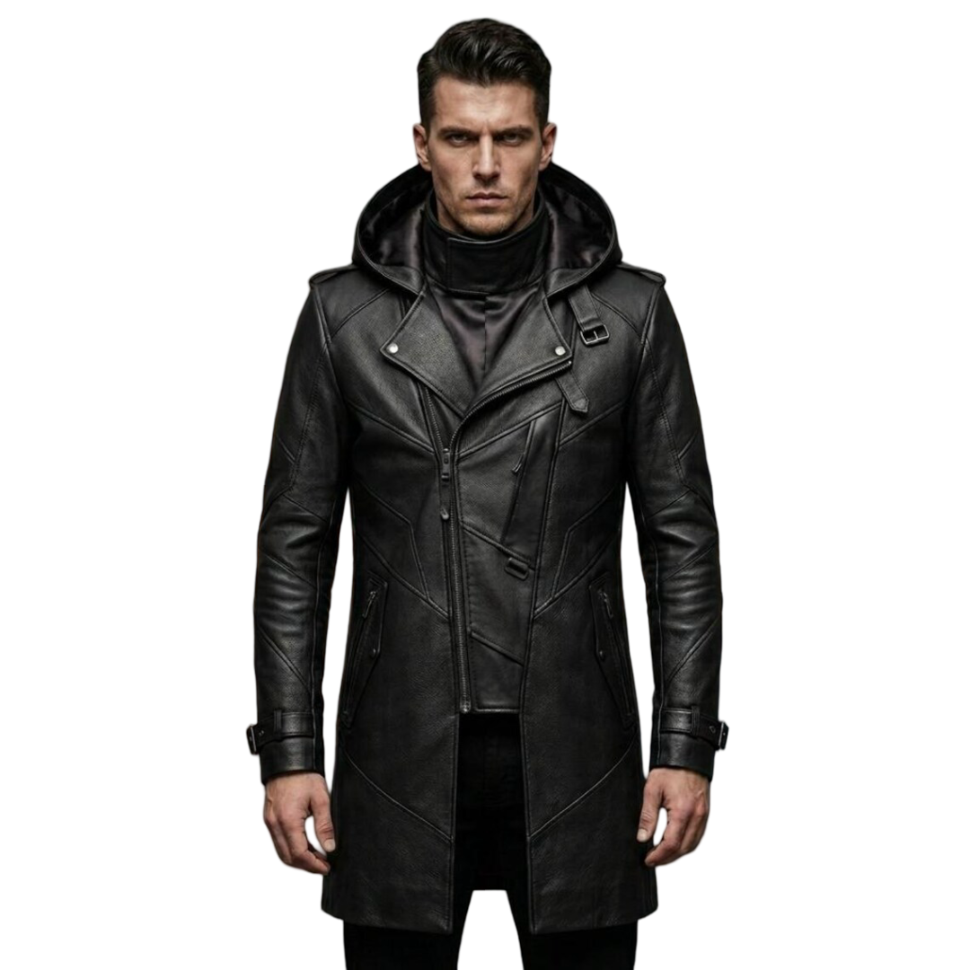 Front view of men black leather hooded biker trench coat slim fit design