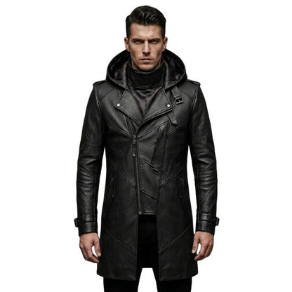 Front view of men black leather hooded biker trench coat slim fit design
