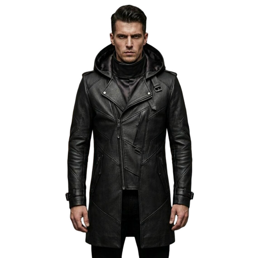 Front view of men black leather hooded biker trench coat slim fit design