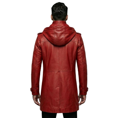 Back view of red leather hooded motorcycle trench coat for men