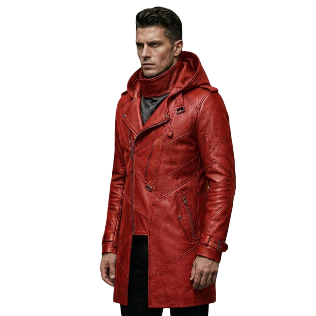 Side profile of slim fit red leather biker trench coat with hood