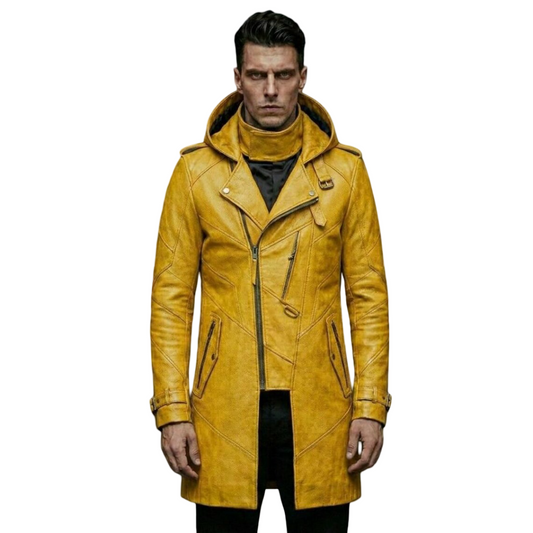 Front view of men yellow leather biker trench coat hooded slim fit