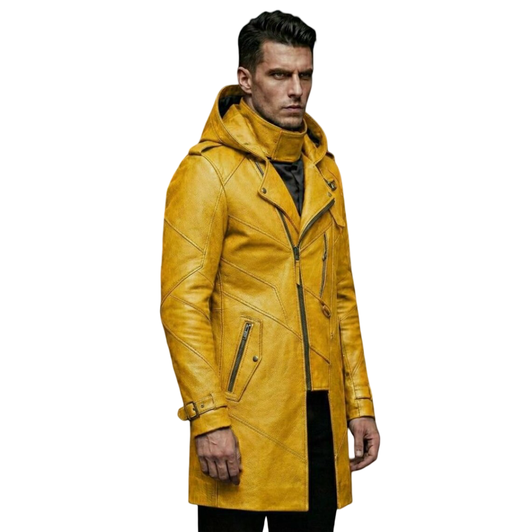 Side profile of slim fit yellow leather biker trench coat