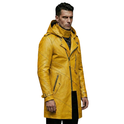 Side profile of slim fit yellow leather biker trench coat