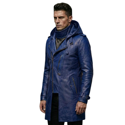 Side profile of slim fit blue leather biker trench coat