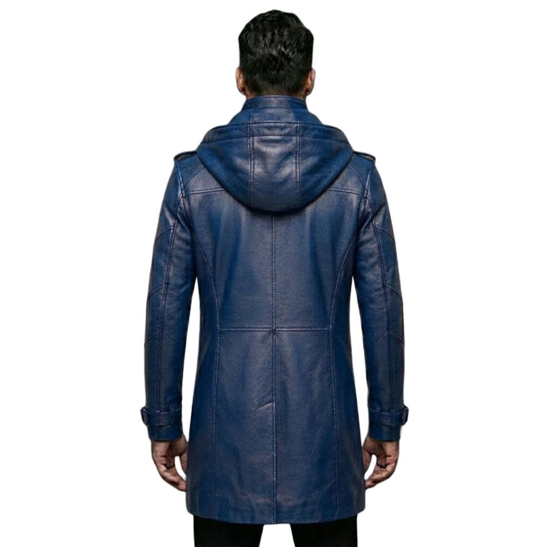 Back view of hooded blue leather motorcycle trench coat for men