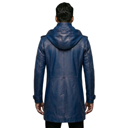 Back view of hooded blue leather motorcycle trench coat for men
