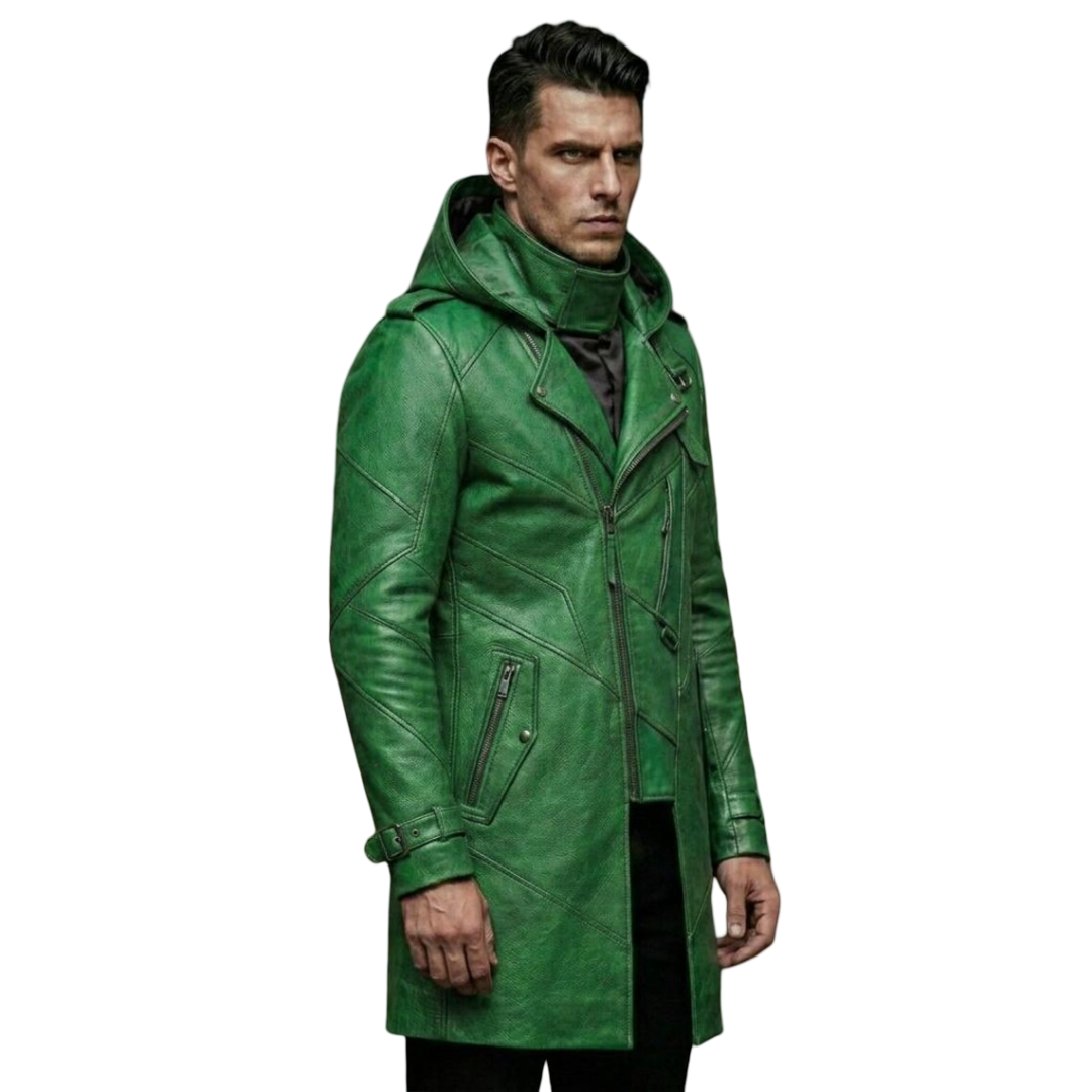 Side profile of green leather biker trench coat with long silhouette