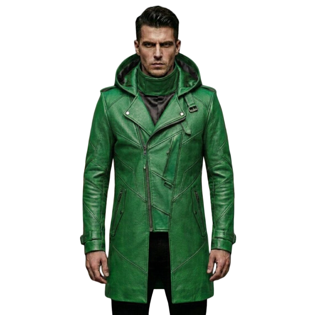 Front view of men green leather biker trench coat slim fit hooded design