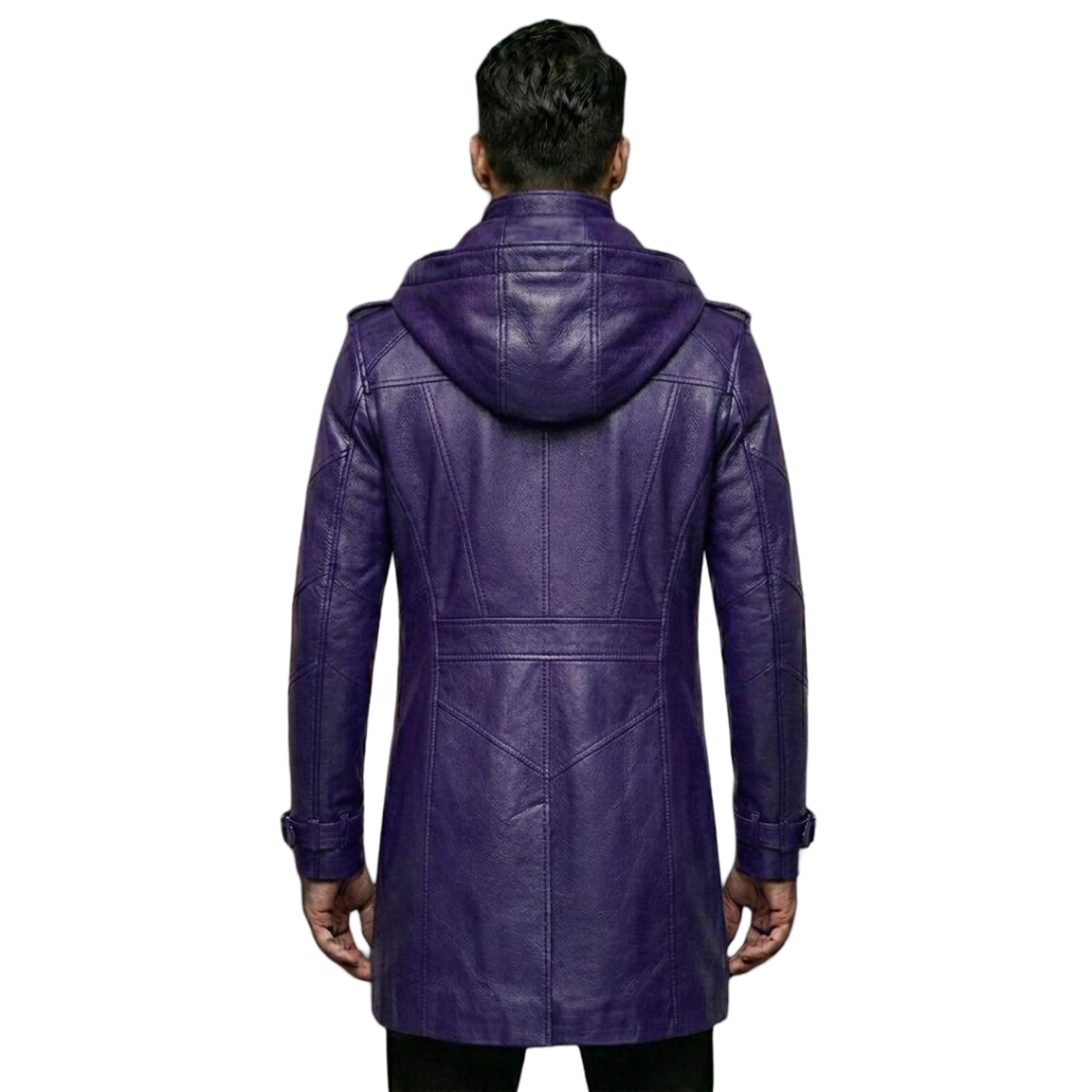  Back view of purple leather biker trench coat with attached hood