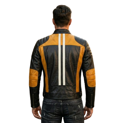 Men Yellow and Black Leather Biker Jacket Quilted Moto Racing Style