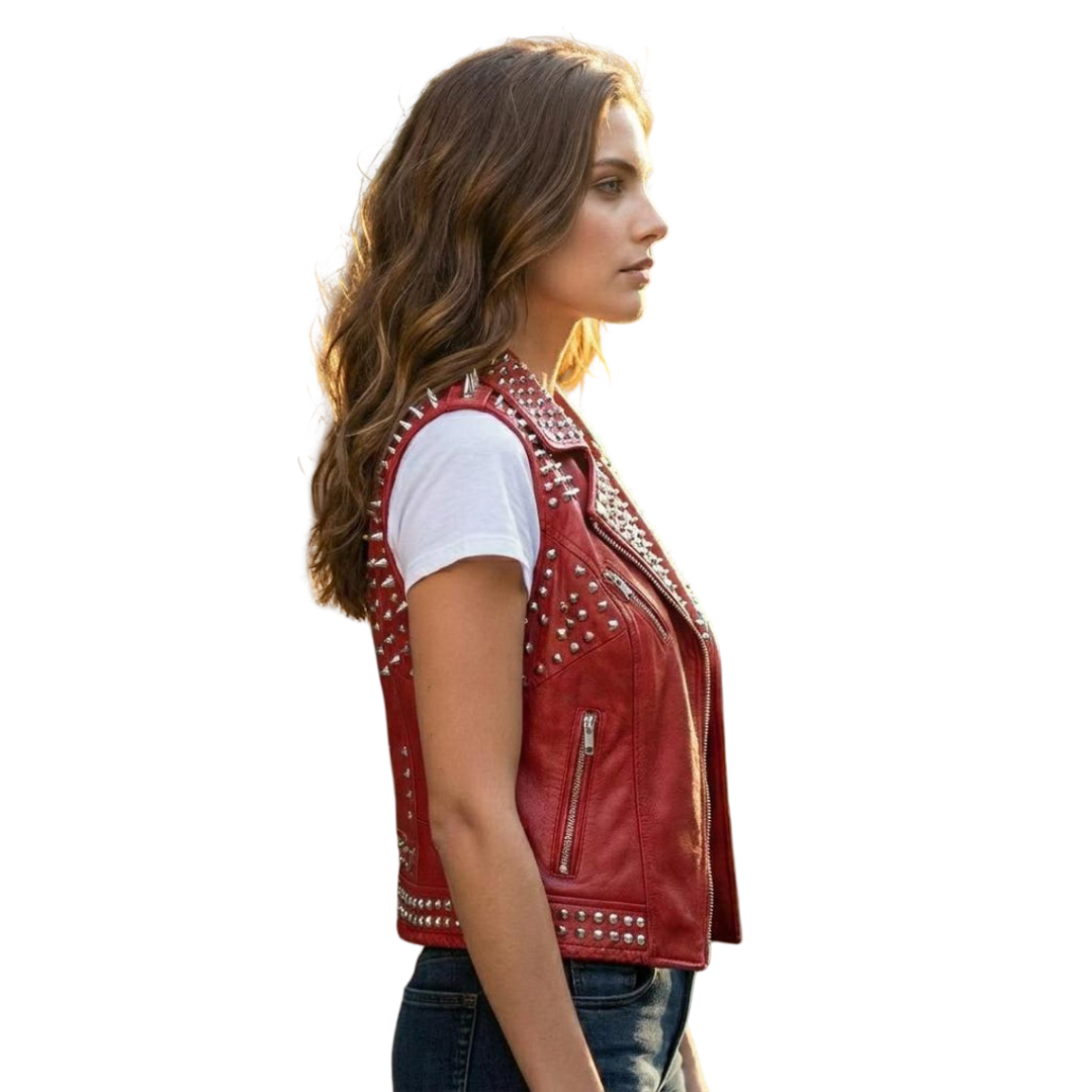 Side detail of red leather biker vest with metal stud accents
