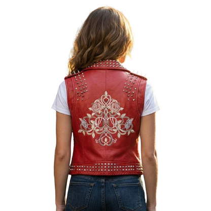 Back view of women red studded leather biker vest
