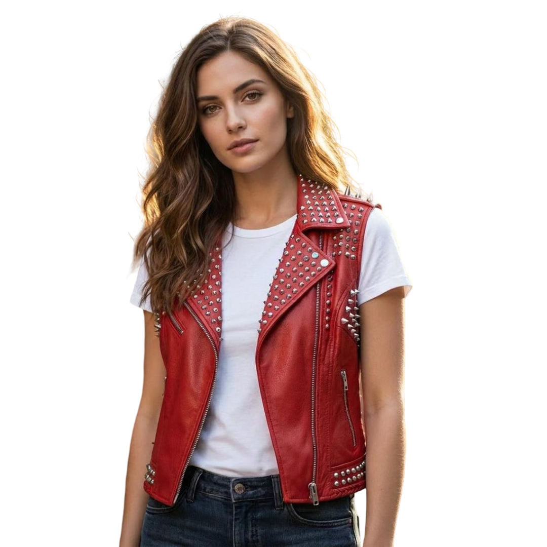 Front view of women red studded leather biker vest with floral embroidery