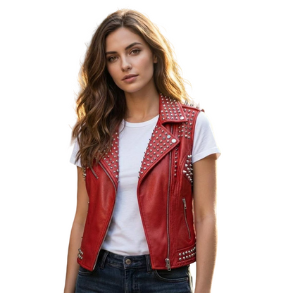Front view of women red studded leather biker vest with floral embroidery