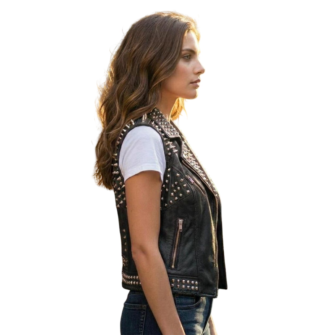 Side detail of black leather biker vest with metal stud accents