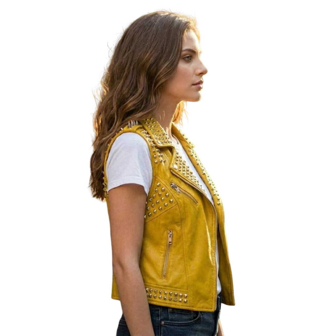 Side detail of yellow leather biker vest with metal stud accents