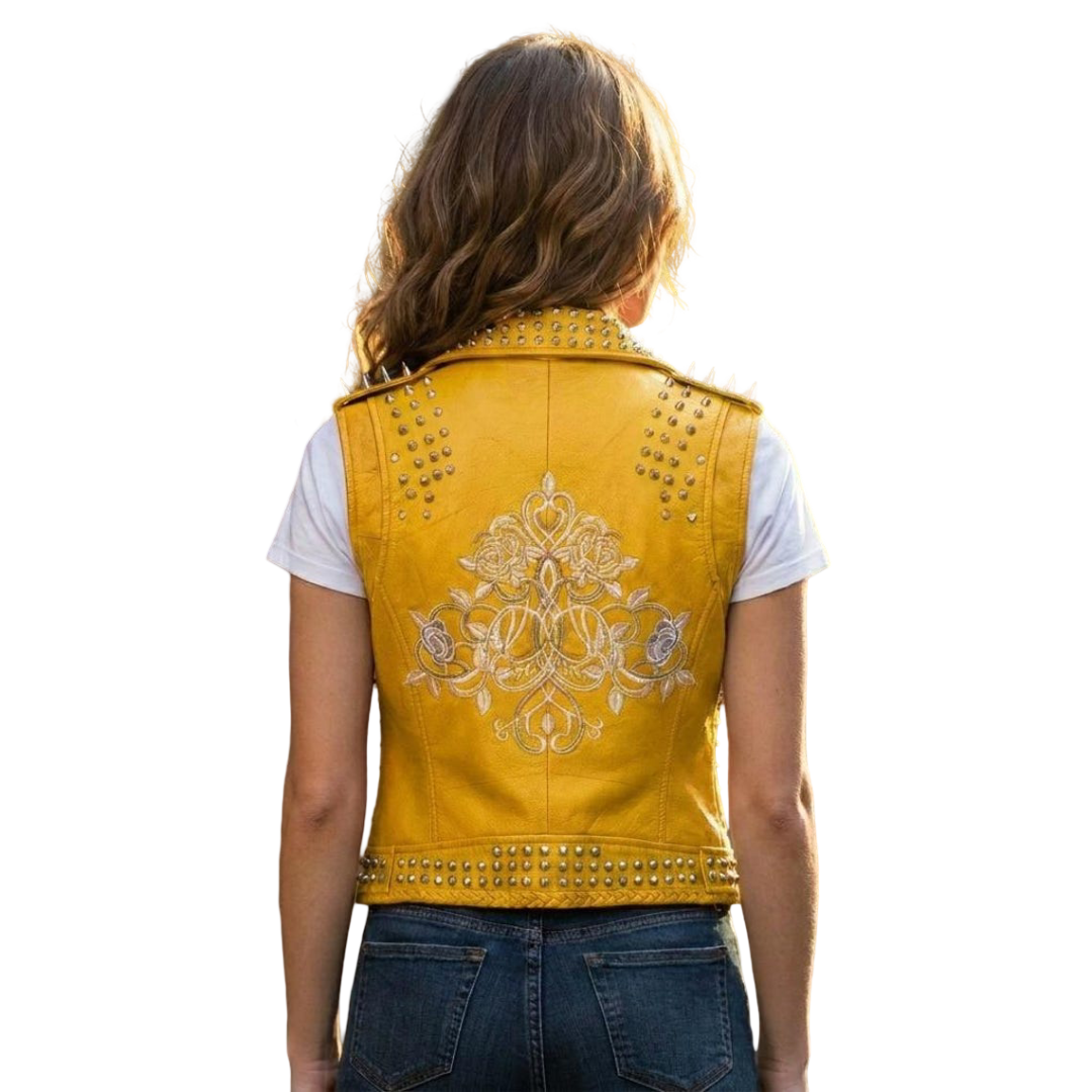 Back view of women yellow studded leather biker vest