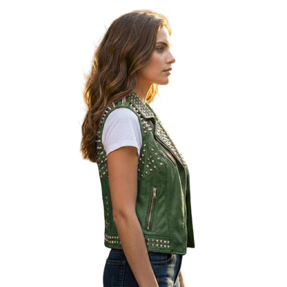 Side detail of green leather biker vest with metal studs