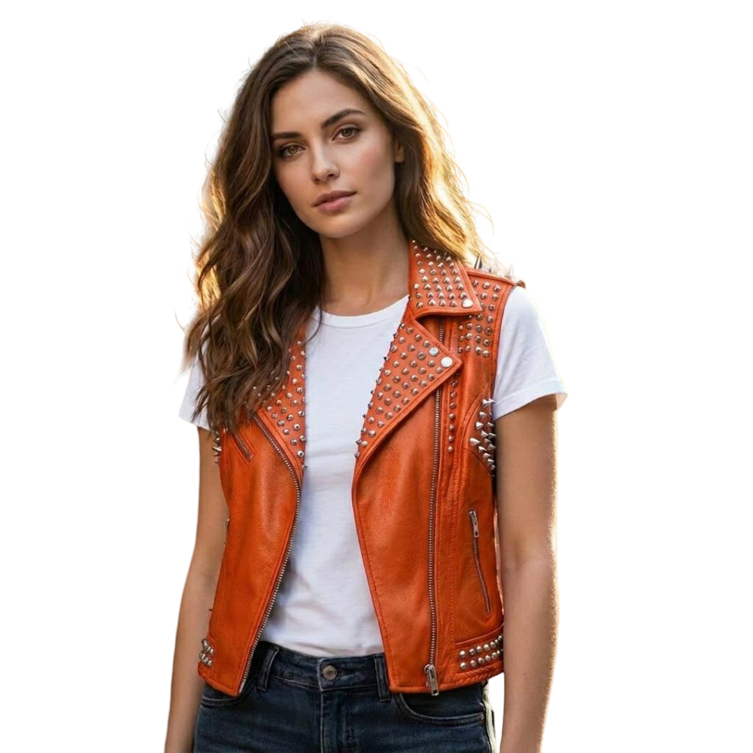 Front view of women orange studded leather biker vest with floral embroidery