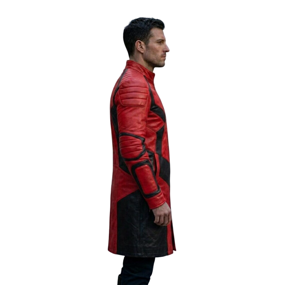Side profile of red black leather trench coat with long gothic design