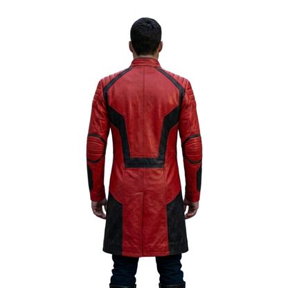  Back view of cyberpunk red black leather trench coat for men