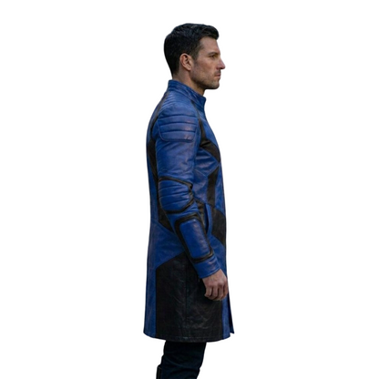 Side profile of the futuristic biker long jacket highlighting motorcycle inspired shoulder details