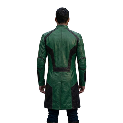 : Back view of the two tone alternative streetwear coat displaying premium stitching