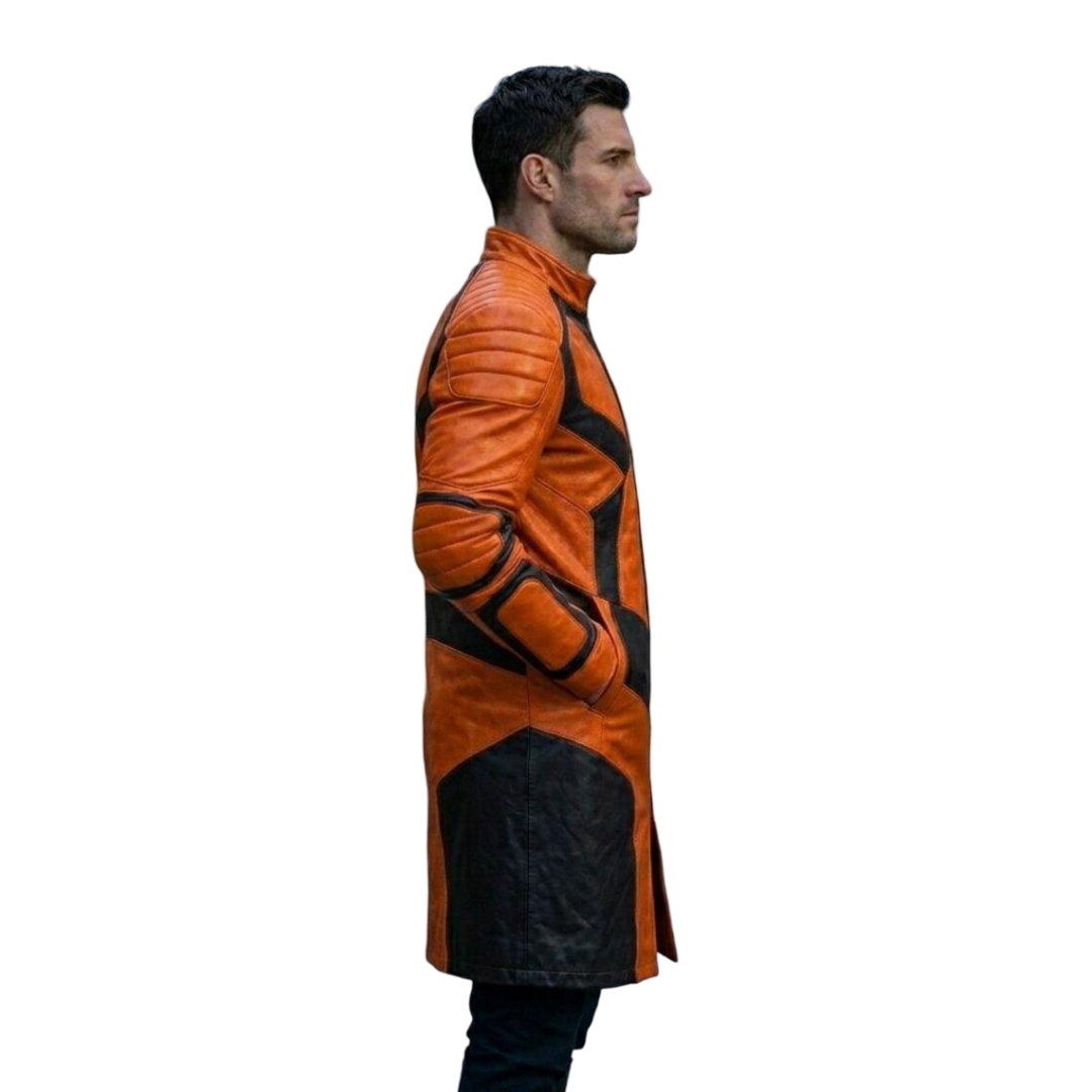 Side view of men's orange black leather trench coat with a futuristic biker style from Shearling Jackets Store.