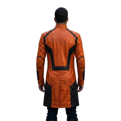 Best back profile silhouette of a men's orange on black moto trench coat showcasing the longline cut.