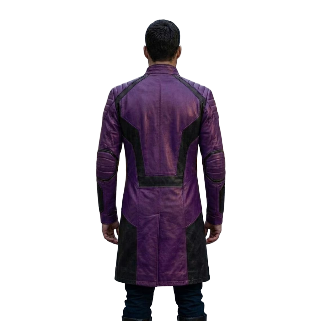  Back view of new men's purple on black leather trench coat showcasing the longline cyberpunk fit.