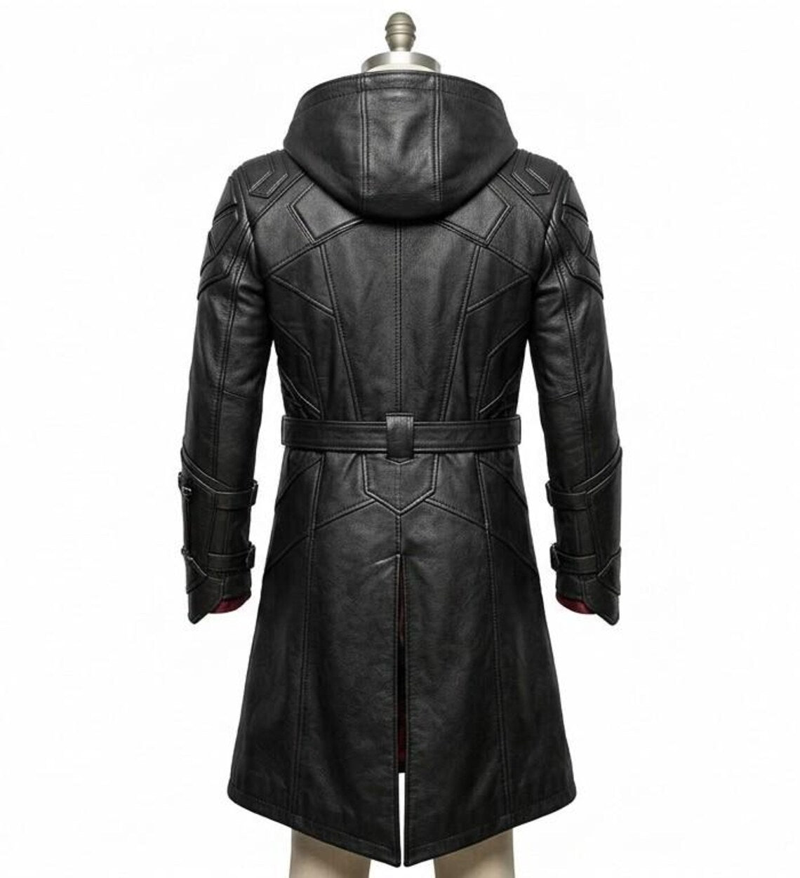 Back view of mens black hooded leather long trench coat