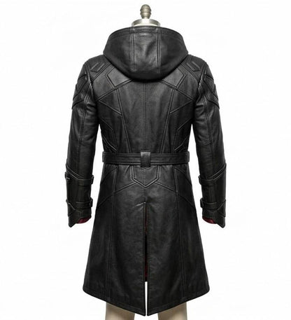 Back view of mens black hooded leather long trench coat