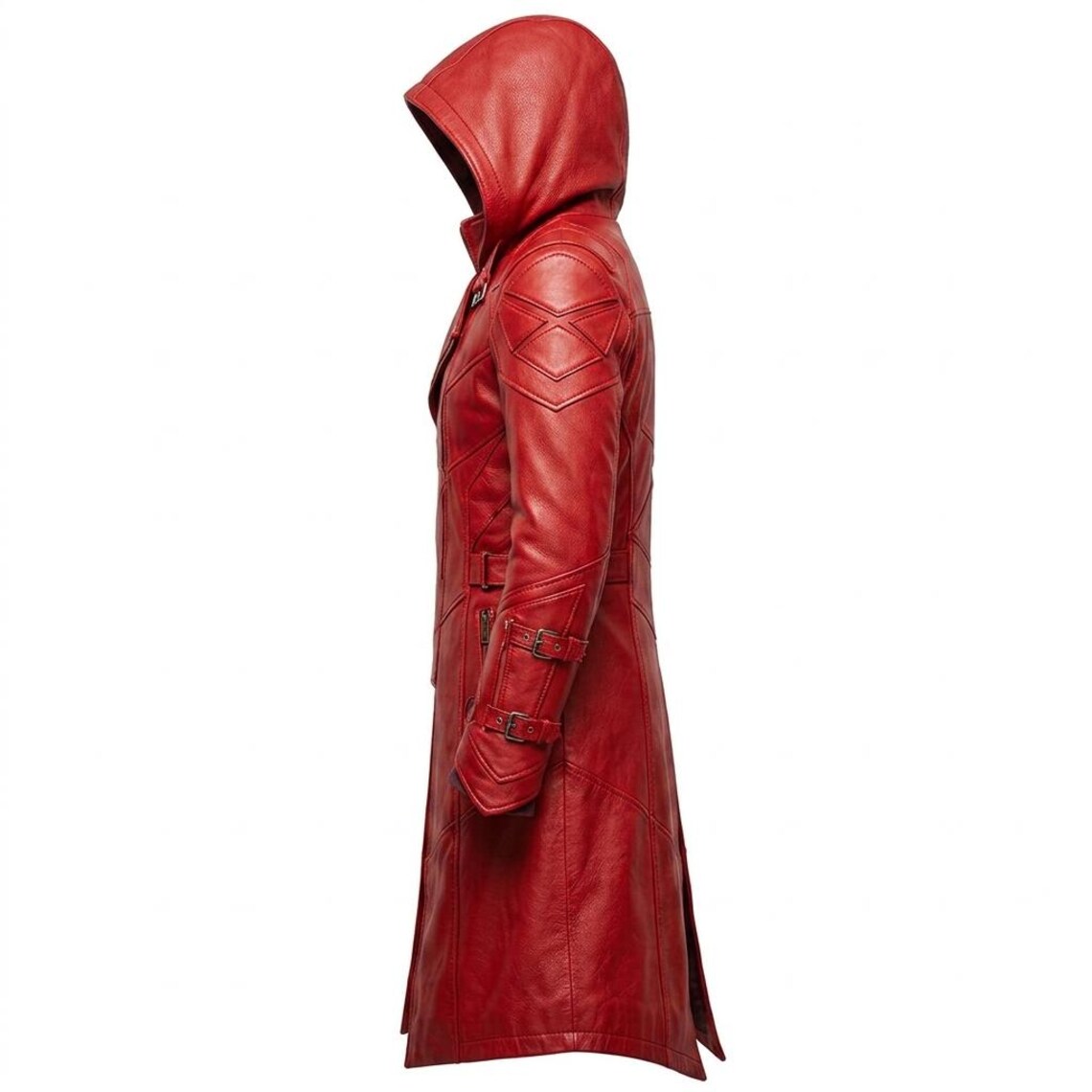 Side profile of maroon gothic cyberpunk leather jacket for men