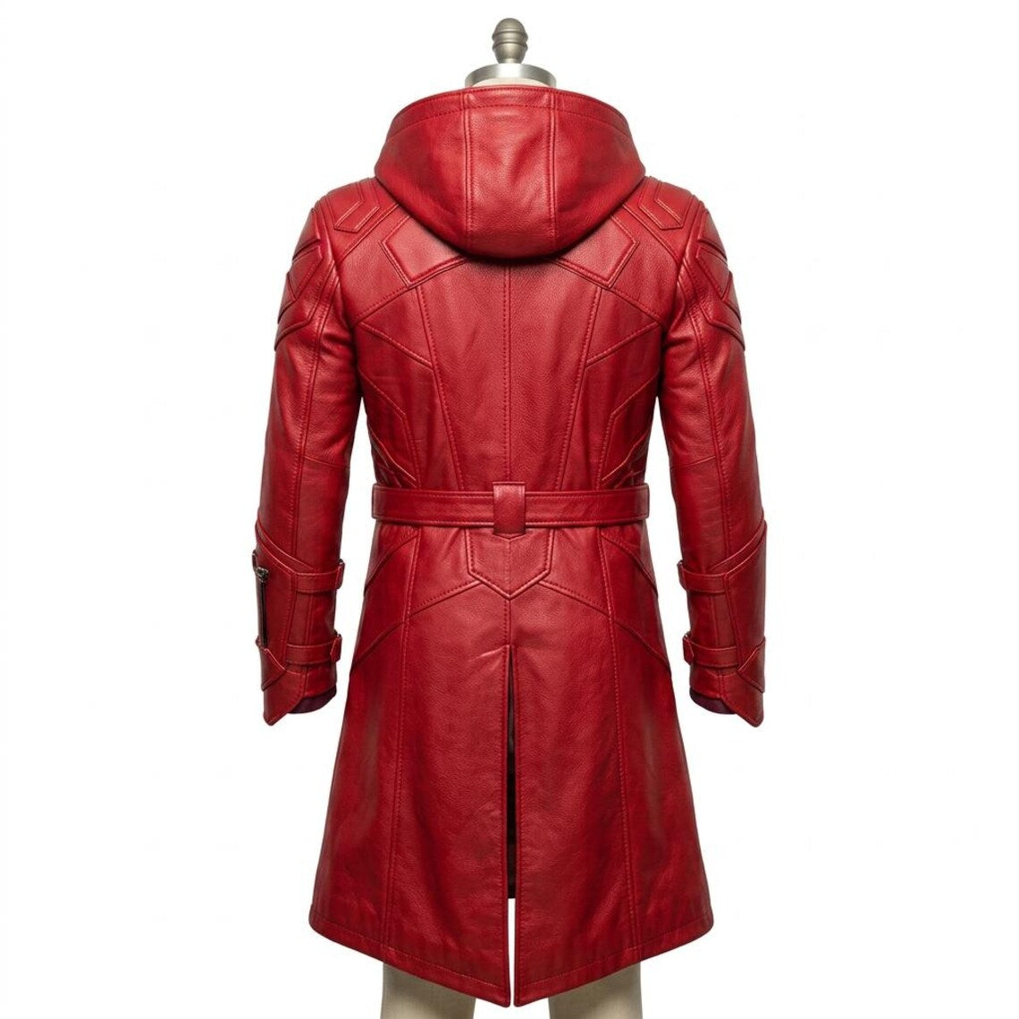  Back view of red leather tactical streetwear trench coat