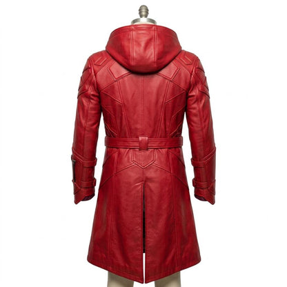  Back view of red leather tactical streetwear trench coat