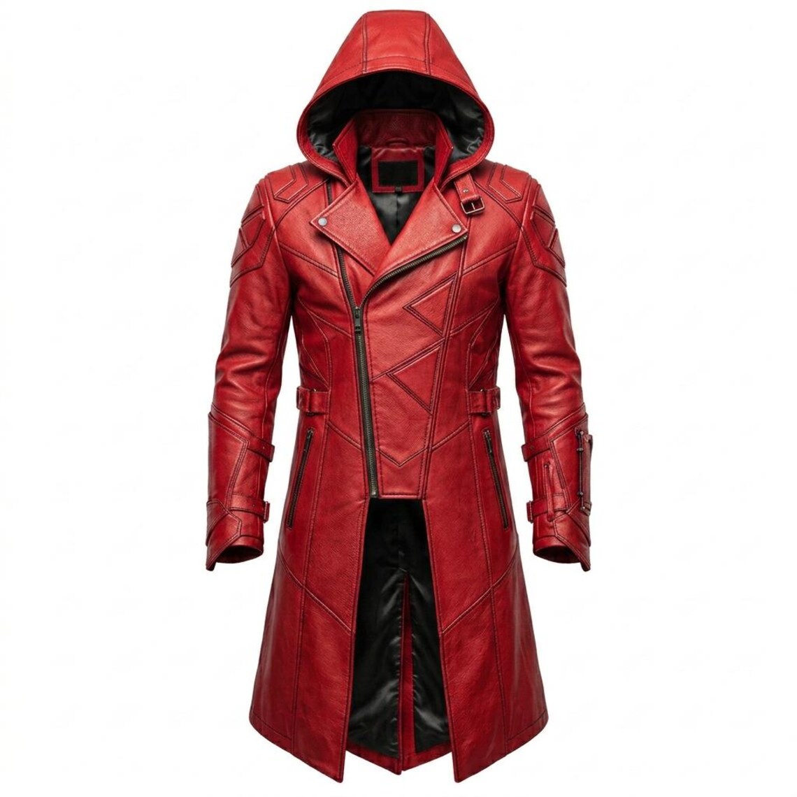 Front view of red leather hooded trench coat with padded shoulders