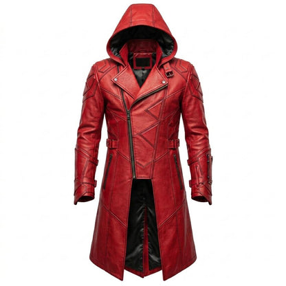Front view of red leather hooded trench coat with padded shoulders
