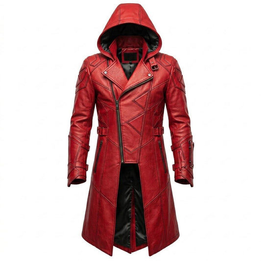 Front view of red leather hooded trench coat with padded shoulders