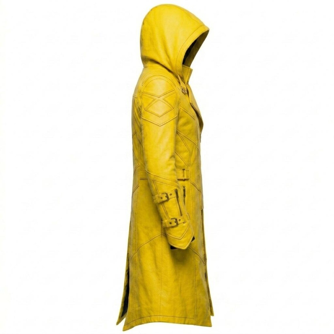  Side profile of bold yellow leather trench coat for men