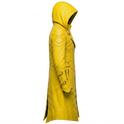  Side profile of bold yellow leather trench coat for men