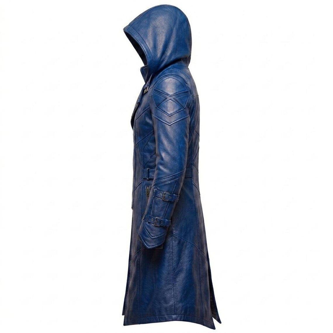 Side view of tactical blue leather hooded trench coat